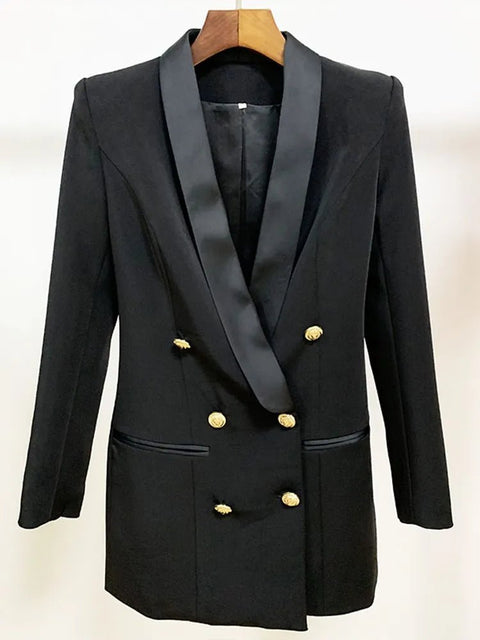 Blazer Women Gold Lion Button Double Breasted Satin Shawl Collar Long Chic Elegant Fashion Jacket