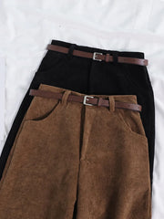Women's Corduroy Pants High Waist Vintage Casual Wide Leg Pants Belt Cotton Streetwear