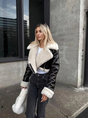 Women's Fashion Double Sided Short Jacket Warm Thick Fur Lapel Chic Faux Leather Coat Vintage Jacket