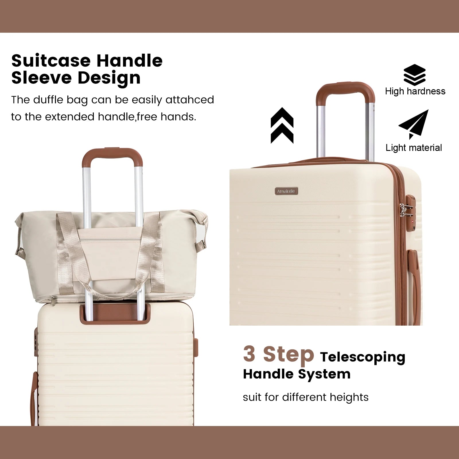 Beige duffle bag with handle sleeve attached to a suitcase, featuring text on handle design and system.