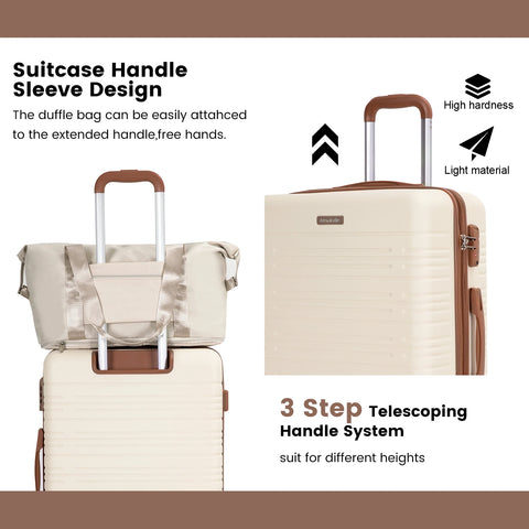 Beige duffle bag with handle sleeve attached to a suitcase, featuring text on handle design and system.