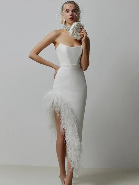 Midi Dress Women Strapless Black White Feather Bandage Split Knitted Elegant Evening Wedding Prom Dress