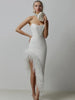 New Women's Sexy Strapless Black / White Feather Midi Bandage Dress with Split Knitted Elegant Evening Bodycon Wedding Party Prom Dress