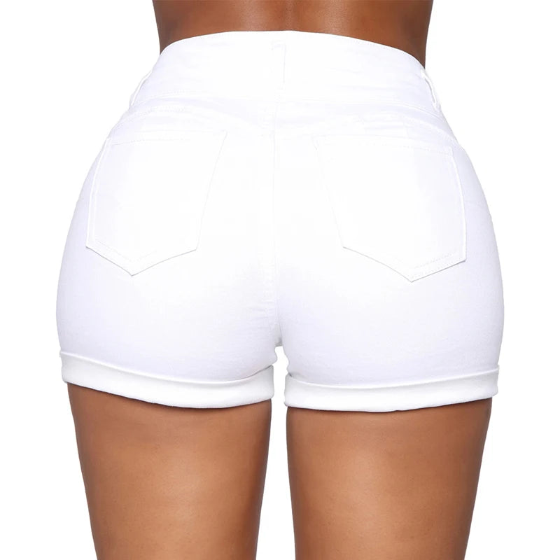 Stretchy Cotton High Waist Jean Shorts Women's Spring Summer Casual Shorts With Pockets Zipper White Black Cuffed Denim Shorts