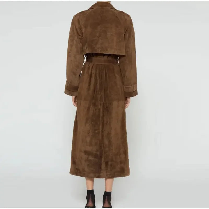 Elegant Suede Long Coat w/ Belt Double Button Lapel Windbreaker Coat New Fashion Oversized High Quality Jacket