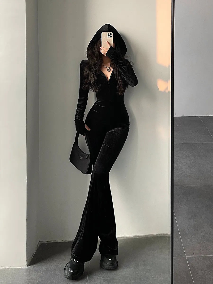 Boutique Fashion Black Velvet Hooded Jumpsuit Long Sleeves Flare Pants Slim Rompers w/ Zipper