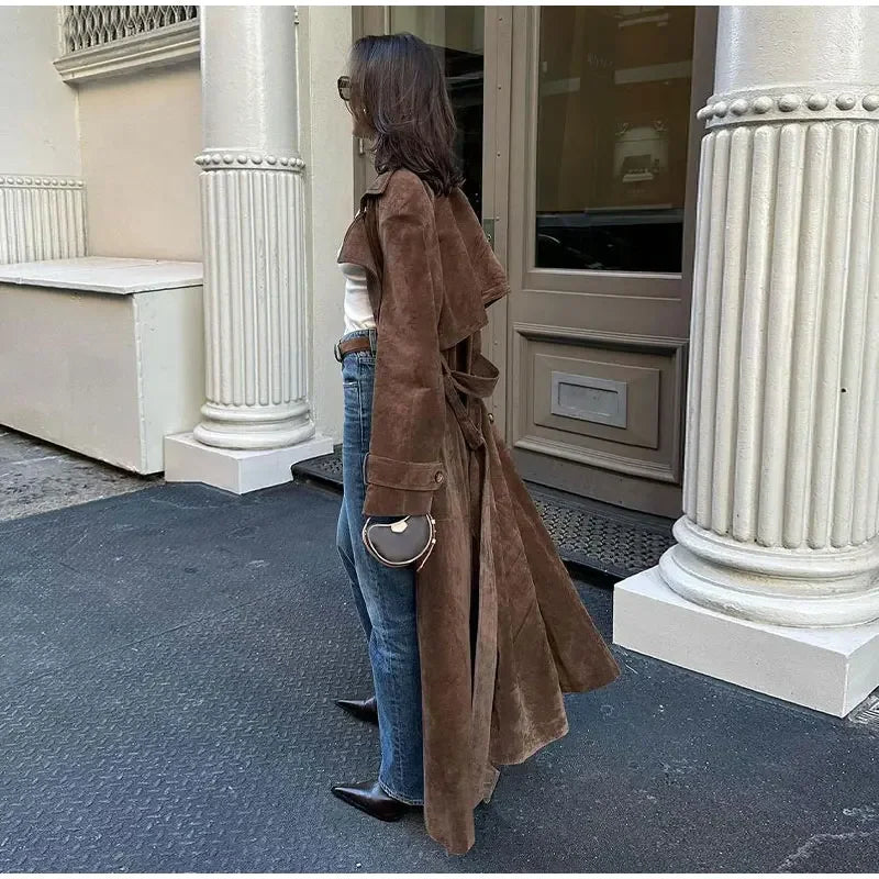 Elegant Suede Long Coat w/ Belt Double Button Lapel Windbreaker Coat New Fashion Oversized High Quality Jacket