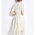 New High-End Embroidered Lace Hollow Out Dress O-Neck Short Sleeve Long Party Dress