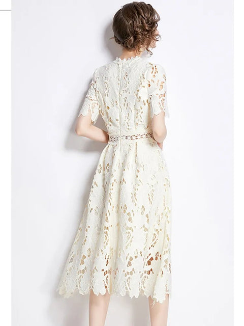 Midi Dress Women High-End Embroidered Lace Hollow Out O-Neck Short Sleeve Elegant Long Party Dress