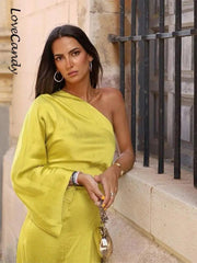 Women's One Shoulder One Sleeve Dress Elegant Backless Side Slit A-Line Midi Dress
