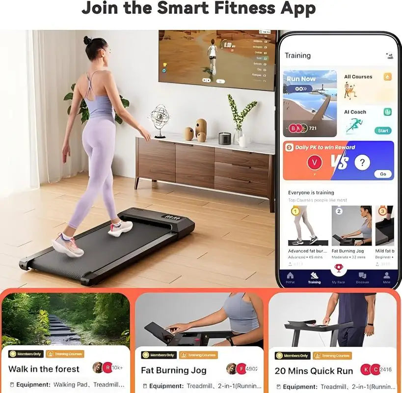Woman using a treadmill with smartphone app interface overlay, promoting a smart fitness app.