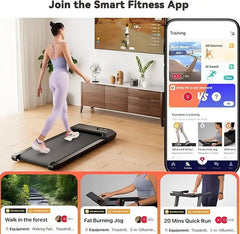 Woman using a treadmill with smartphone app interface overlay, promoting a smart fitness app.