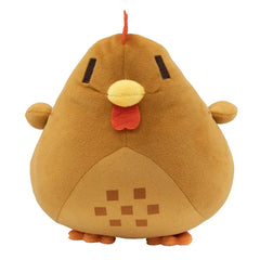 Plush toy resembling a chicken on a white background orange