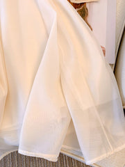 White Embroidered Half-Sleeve Dress Pete Pan Collar Mesh Fabric Floral Chic Loose Dress