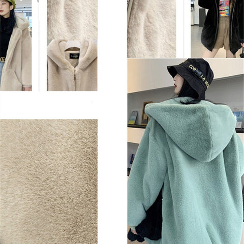 Faux Fur Hooded Coat Women Warm Thick Fleece Zipper Pockets Winter Casual Outerwear Fashion