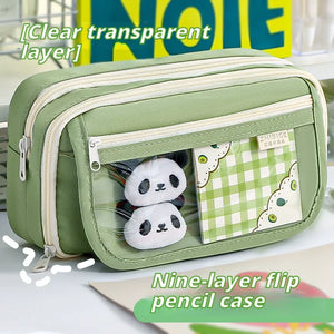 Charming Panda Flip Pencil Case – 9-Layer Spacious, Multi-Functional Stationery Organizer with Cute Panda Design