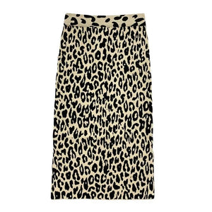 Women's Long Leopard Print Midi Skirt with Slit High Waist Knitted Skirt