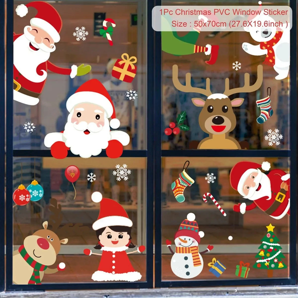 Christmas-themed window stickers with Santa Claus, reindeer, and other festive elements on a glass surface.