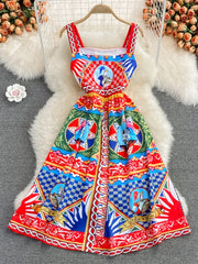Summer Elegant Sleeveless Dress Slash Neck Print A-Line Midi Dress