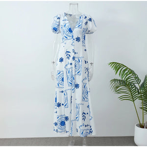 Elegant Flower Print Square Neck Maxi Dress New Spring Summer Fashion Lantern Sleeve A-Line Vacation Dress