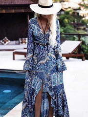 Bohemian Print Wrap Summer Long Dress Women Flare Sleeve Split Robe Beach Vintage Dresses