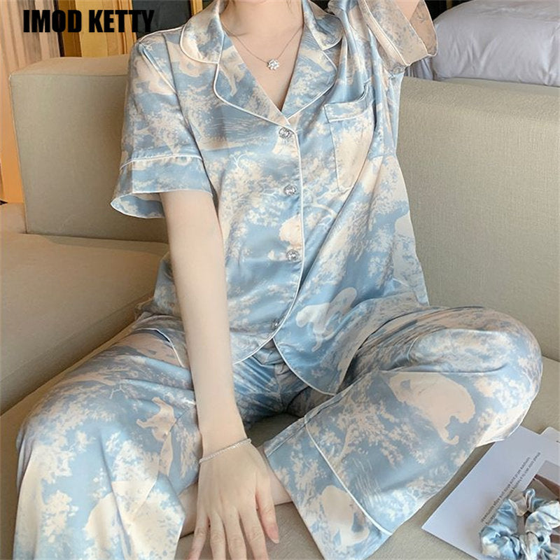 Casual Loose Top+ Pajamas Set Short Sleeve Pajama Top & Pant for Women