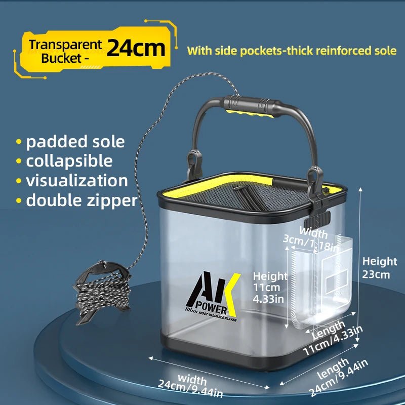 Transparent bucket with AK Power logo on a blue background, showing dimensions and features.