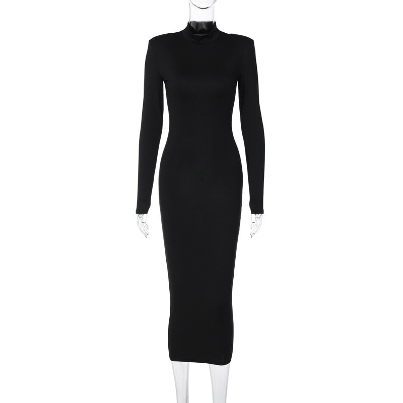 Women Black Long Sleeve Bodycon Midi Party Dress