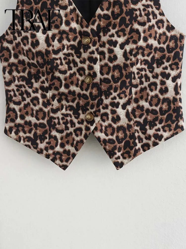 Women's Leopard Print Vest New Fashion V-Neck Single-Breasted Casual Vest Top