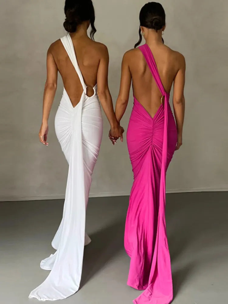 Women's Oblique One Shoulder Backless Maxi Dress Summer Spring Gown Back Strap Sleeveless Ruched Party Sexy Long Dress