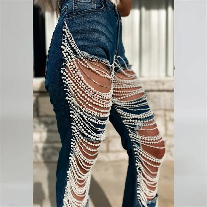 New Fashion Beaded Chain Spliced Straight Jeans for Women Large Holes Hollow Out Denim Pants Trendy Streetwear Jeans