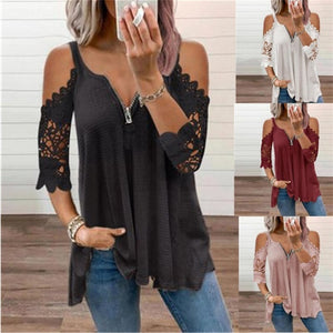 Women's Oversized T-Shirt Cutout Black Lace 3/4 Sleeves Casual V-Neck Tops