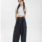 Women's Y2k Cargo Baggy Blue Jeans Streetwear Hip Hop Oversized Casual Wide Leg Vintage Demin Pants Loose Trousers