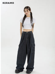 Women's Y2k Cargo Baggy Blue Jeans Streetwear Hip Hop Oversized Casual Wide Leg Vintage Demin Pants Loose Trousers