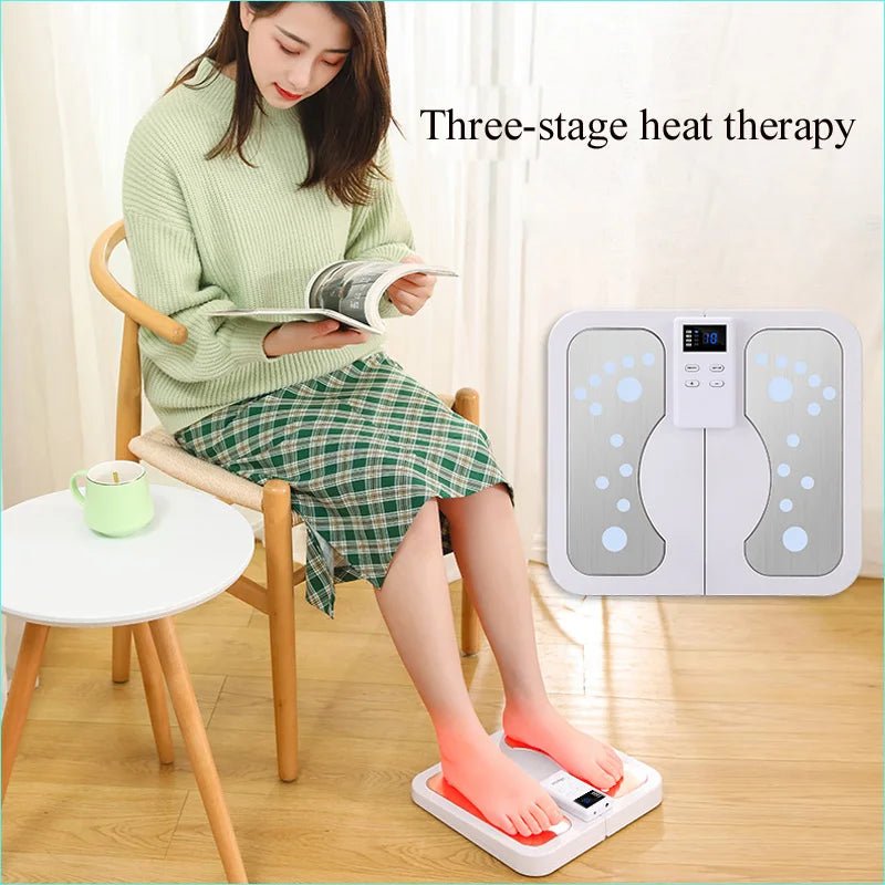 Woman using a three-stage heat therapy device on her feet with text overlay.