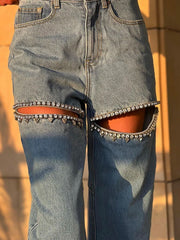 Embroidered  Flare Jeans For Women High Waist Patchwork Button Hollow Out Distressed Wide Leg Denim Jeans