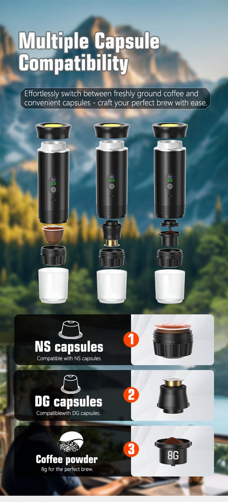 Coffee brewing device with capsule compatibility options against a scenic background