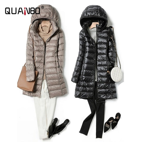 Long Down Puffer Jacket Women Ultralight Thin Packable Slim Hooded Parka Winter Outerwear Fashion