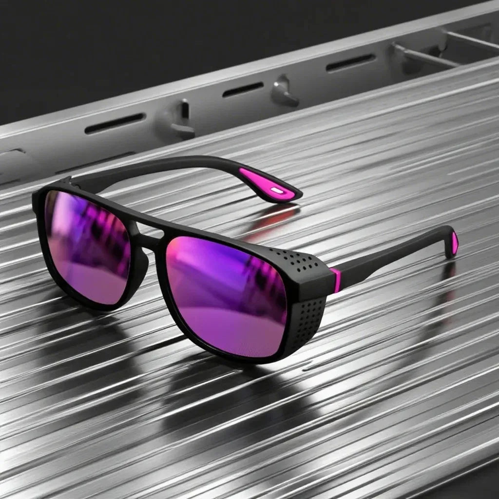 Sunglasses with purple lenses and black frames on a metallic surface