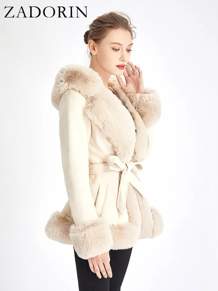 Women's Faux Fur Coat Faux Suede Furry Hood Quality Vegan Fur Coat With Belt Thick Warm Fur Cardigan Jacket