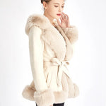 Women's Faux Fur Coat Faux Suede Furry Hood Quality Vegan Fur Coat With Belt Thick Warm Fur Cardigan Jacket