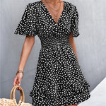 V-Neck Print Mini Dress For Women Short Butterfly Sleeve A-Line Dress