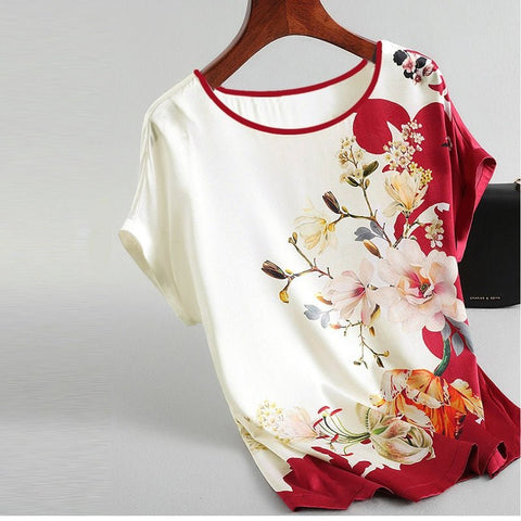 Floral Print Satin Blouse Women Plus Size Short Sleeve Pullover Vintage Casual Summer Fashion