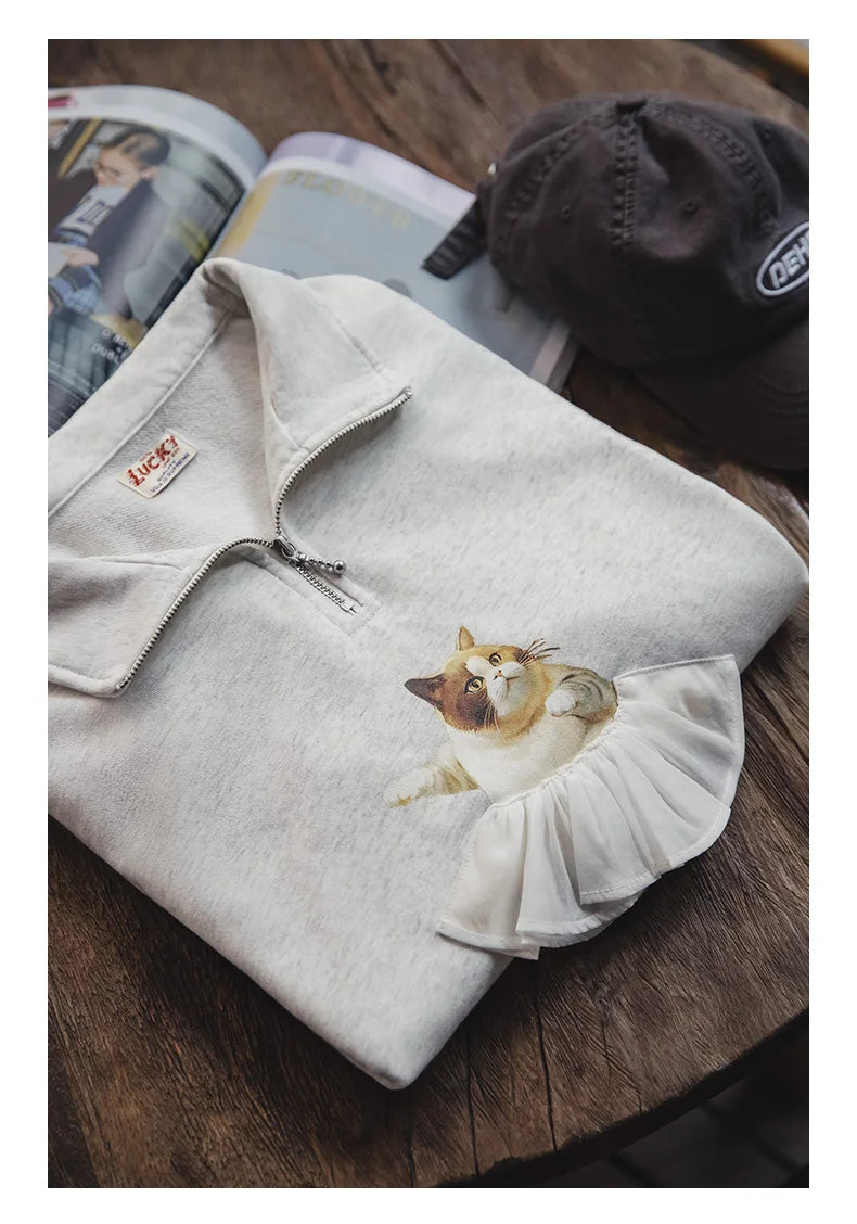 Dancing Ballet Cat Half-Cardigan Cartoon Sweatshirt Stand Collar Casual Loose Top Long Sleeve Pullover Light Gray Sweat Top