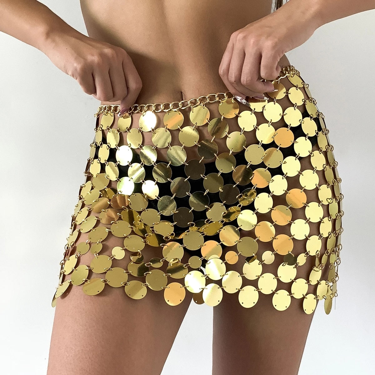 Handmade Mirror Coin Squamous Glitter Sequins Mini Skirt Patchwork Strappy Nightclub Party Skirt