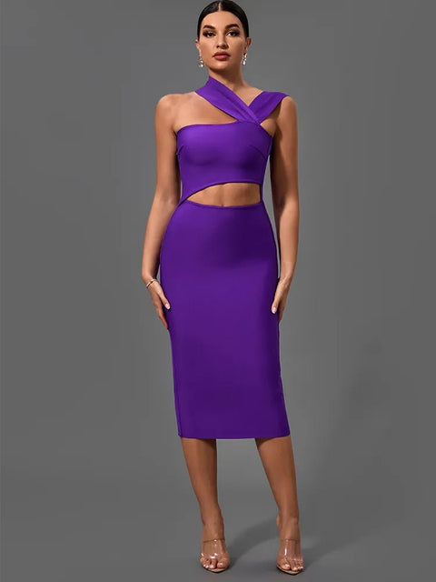 Midi Dress Women Purple Bandage Bodycon Cut Out Waist Halter Neck Stretchy Elegant Club Evening Party
