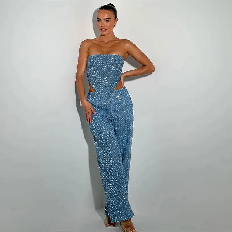 Sparkling Sequin Two-Piece Set – Strapless Top & High-Waisted Pants