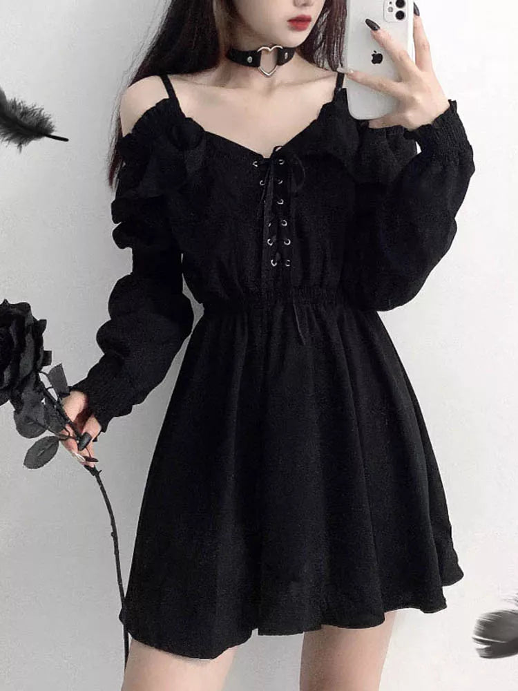 Plus Size Women's Gothic Black Mini Dress Sexy Off Shoulder High Waist Vintage Party Dress Long Sleeve V Neck Dress