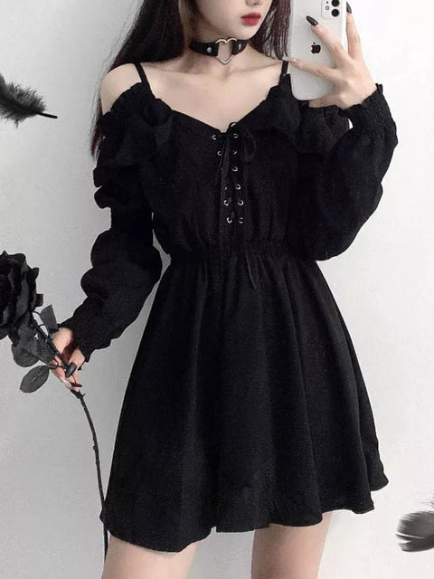 Mini Dress Women Plus Size Gothic Black Off-Shoulder High Waist Long Sleeve V-Neck Vintage Party Dress