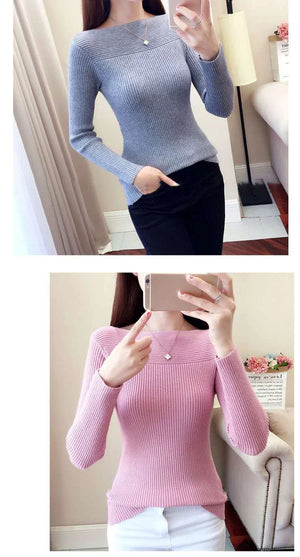 Ribbed Slash Neck Slim Sweater Knitted Long Sleeve Office Casual Solid Pullovers For Women